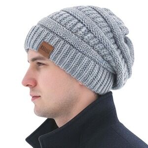Unisex‎ Slouchy Chunky Soft Warm Fleece Lined Beanie Hat Cap Gray OS Outdoor